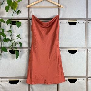 Orange cowl neck satin mini dress